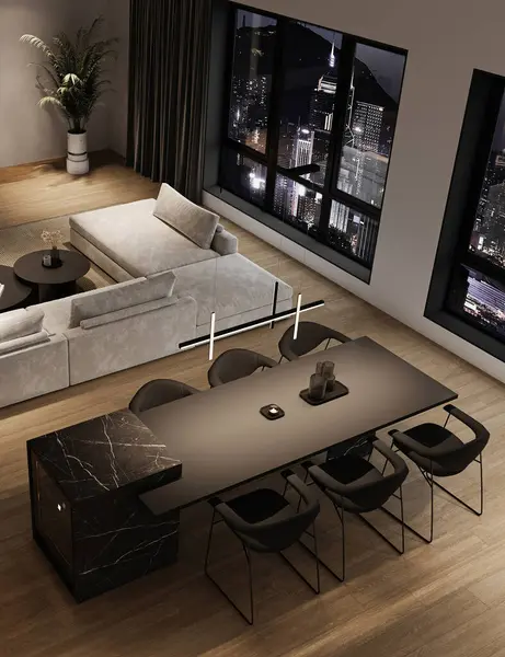 Modern minimalism interior livingroom with large modular sofa, night city view and marble kitchen island. 3d rendering. High quality 3d illustration.