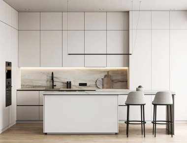 Ada ve panoramik arka planlı modern doğa tarzı beyaz mutfak iç tasarımı. 3D görüntüleme. Yüksek kalite 3d illüstrasyon.