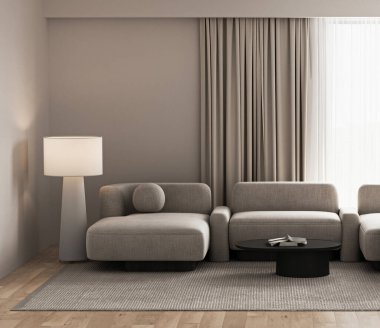 Monokrom kanepe ve panoramik pencere arkaplanlı minimal nötr oturma odası iç tasarımı. 3D görüntüleme. Yüksek kalite 3d illüstrasyon.