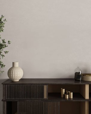 Klozeti ve yeşil bitkileri olan modern gri oturma odası. Hafif modern Japon doğa görüşü. 3D görüntüleme modeli. Yüksek kalite 3d illüstrasyon.