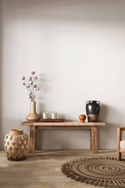 Konsolu, kuru bitkileri ve vazo arkaplanı olan Boho bej oturma odası. Hafif modern doğa görüşü. 3D görüntüleme. Yüksek kalite 3d illüstrasyon.