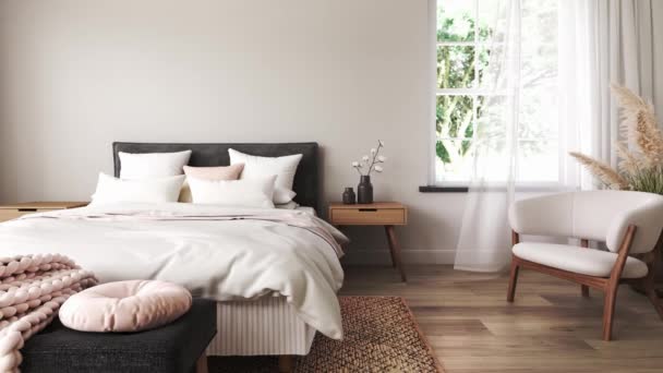 Dormitorio Con Sillón Decoración Para Hogar Fondo Interior Beige Moderno — Vídeos de Stock