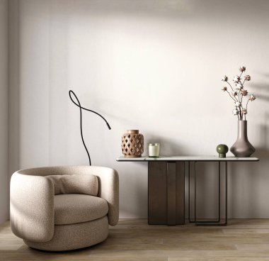 Minimalist özellikleri olan zarif bir koridor tasarımı. Tarafsız renkler ve sofistike dekorlar güzelliğini ön plana çıkarıyor. 3D görüntüleme. Yüksek kalite 3d illüstrasyon.