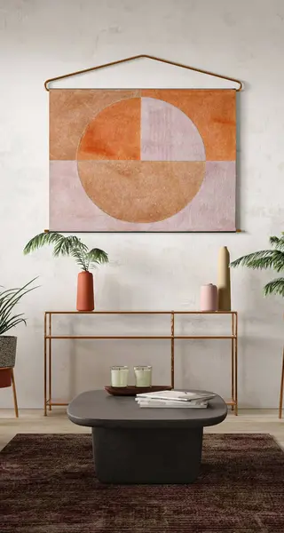 Serene livingroom setting in japandi style, blending Japanese simplicity with Scandinavian functionality. 3d rendering. High quality 3d illustration.