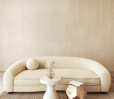 3 boyutlu canlandırma sahnesi, eğri büğrü bir kanepe, taş masa ve metalik aksanlı parçalar, sakin ve şık bir yaşam alanı yaratıyor..