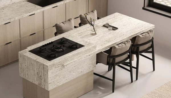 Elegantly simple kitchen design featuring a textured stone island with built-in stove and comfortable bar seating in a 3d render space.