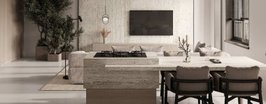 Geniş açılı modern mutfak manzarası büyük bir taş ada, şık döşemeli sandalyeler ve doğal dekorasyon elementleri olan 3 boyutlu bir yemek alanı..