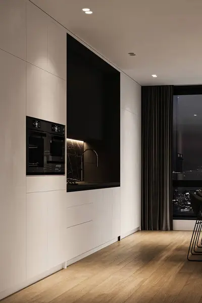 A sophisticated modern kitchen showcasing sleek cabinetry, built-in appliances, and a chic black marble backsplash, with a city night view.