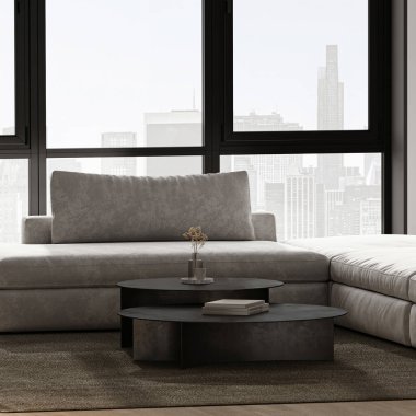 Modern bir şehir oturma odası şık bir kanepe, çağdaş kahve masaları, ve panoramik şehir manzaralı, minimalist bir tasarımı var.
