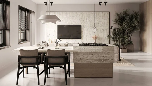 A 3d render sophisticated kitchen space with a large stone island, designer chairs, and elegant wood accents, blending luxury with modern design
