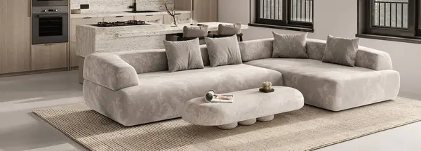 Moderner Offener Wohnraum Mit Bequemem Sofa Einzigartigem Couchtisch Und Integrierter — Stockfoto
