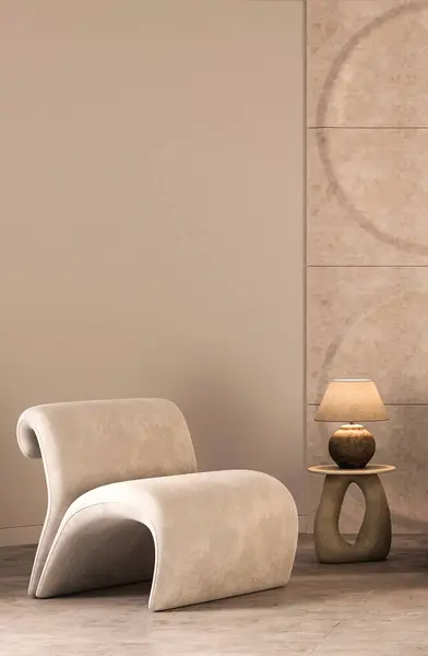 3d render image of a modern interior with a unique curved chair and a stylish lamp on a side table, set against a textured wall