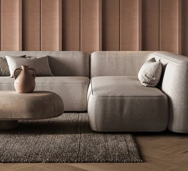 Close-up 3d render of a living room corner with textured fabric sofas and a ceramic vase, against a paneled wall backdrop