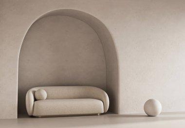 3D render modern minimalist iç döşeme, zarafet ve basitliği birleştiren, kemerli bir oyukta dokulu bir kanepe içerir.