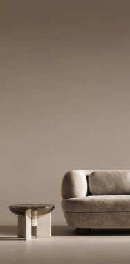Bu 3D resim, lüks konforu minimalist modern estetikle harmanlayan eşsiz bir yan masa ile lüks bir kanepe sergiliyor.