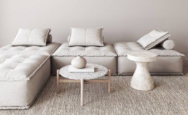 Modüler kanepe, terrazzo kahve ve sehpaları olan, desenli bir ortamda gösterişli bir şekilde tasarlanmış 3D bir oturma odası sahnesi.