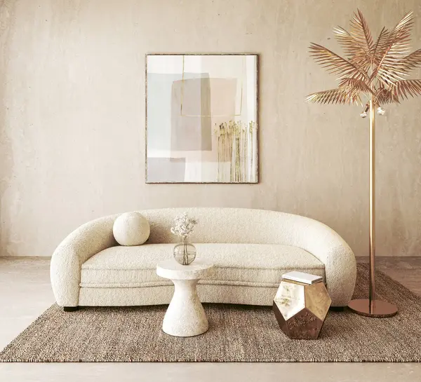 This 3d render illustrates a textured sofa ensemble, accented by abstract wall art and a metallic palm tree lamp, creating a rich visual tapestry