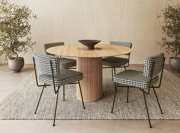 stock image In this 3d render dining scene, a round wooden table and patterned chairs are paired with olive trees, evoking a sense of organic elegance