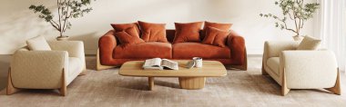 İskandinav tasarımının sükunetini bu minimalist oturma odasıyla kucaklayın, rahat bej koltuklar ve kırsal ahşap bir masa. 3d hazırlayıcı