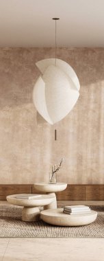 İskandinav oturma odasında simgesel bir fener ve taş masalarla süslenmiş heykel güzelliği sergileniyor. 3d hazırlayıcı