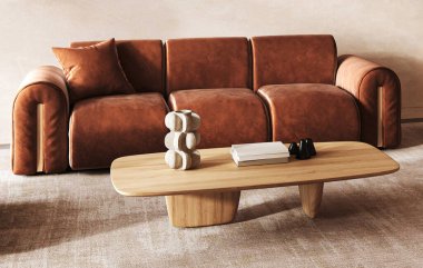 Şaşaalı bir terracotta kadife kanepesi ve modern minimalist dekor ile vurgulanmış gösterişli ahşap bir sehpa içeren, İskandinav tarzı bir oturma odası. 3d hazırlayıcı