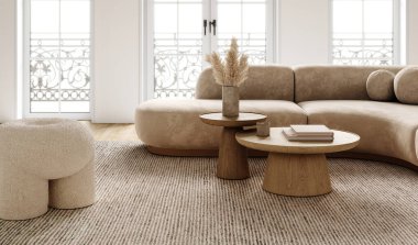 Parlak bir oturma odası, minimalist boho İskandinav mobilyaları ve büyük pencerelerle doğal ışıkla yıkandı. 3d hazırlayıcı