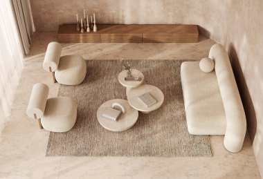 Benzersiz bej oturma düzenleri ve ahşap detaylarıyla büyük, havadar bir boho İskandinav odası huzurlu bir ortam sunuyor. 3d hazırlayıcı