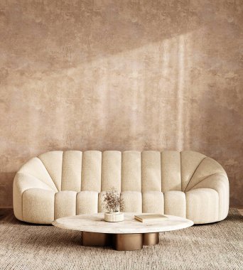 Konforlu, şık, bej renkli bir oturma odasında yumuşak kıvrımlı bir kanepe ve yuvarlak mermer bir kahve masası sergileniyor. Boho İskandinav zarafetinin simgesi. 3d hazırlayıcı