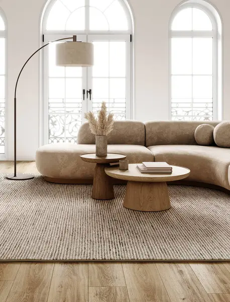 Zevkli bir şekilde tasarlanmış, bej bir kanepesi, kemerli pencereleri ve sanatsal bir zemin lambası olan oturma odası. Hepsi Boho İskandinav tarzında. 3d hazırlayıcı