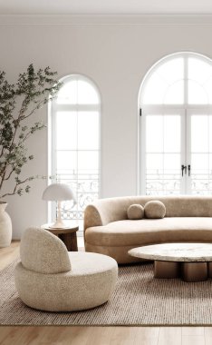 Bu sakin yaşam alanı, boho İskandinav tarzını minimalist mobilyaları ve bol doğal ışıkla sergiliyor. 3d hazırlayıcı