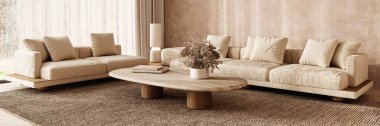 Boho İskandinav oturma odası, dokulu kanepeler ve ahşap aksanlarla, rahat ve modern bir atmosfer yaratıyor. 3d hazırlayıcı
