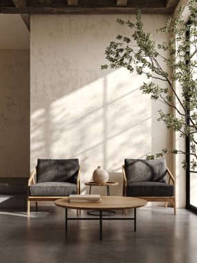 Warm sunlight bathes a contemporary living room, highlighting the chic wooden armchairs and circular coffee table that create an inviting and sophisticated atmosphere. 3d render clipart