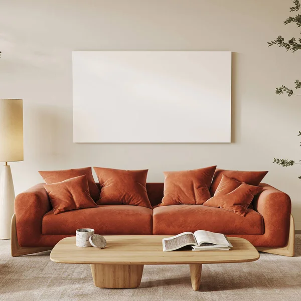 Modern living room with warmth and comfort, a plush terracotta sofa complemented by a natural wood coffee table and soft ambient lighting, creating an inviting and stylish space. 3d render