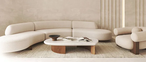 Kavisli bej bir kanepe, parlak ahşap bir sehpa ve nötr bir palette yumuşak tüylü bir halı içeren modern oturma odası.