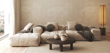 Bu rahat oturma odasında pelüş kanepeler, örgü fırlatışlar ve ahşap bir sehpa var. Yumuşak ışıklandırmayla sıcak bir ortam yaratıyor.