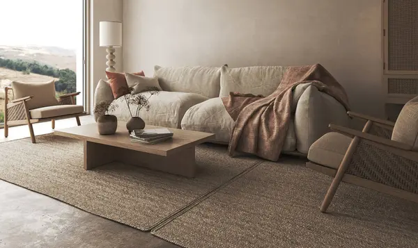 A relaxing living room arrangement with linen sofas, a wooden coffee table, and soft throws, creating a welcoming neutral toned space
