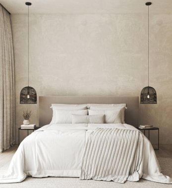 Yumuşak nötr yatak odasıyla modern bir estetik içeren rahat bir yatak odası ve sakin bir atmosfer için eşsiz asılı ışıklar.