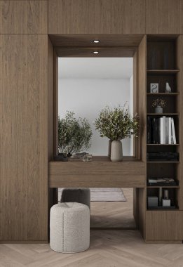 Dekoratif yeşillik ve kitaplarla rafa konan, işlevselliği modern estetikle harmanlayan şık bir ahşap oyuk.