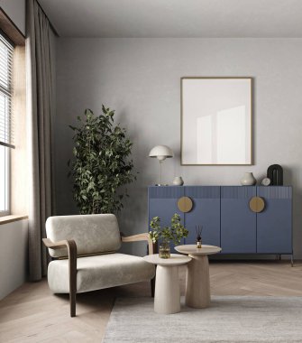 Rahat bir koltuğu, altın dokunuşlu modaya uygun mavi büfesi ve sıcak doğal ışığı olan şık bir oturma odası.