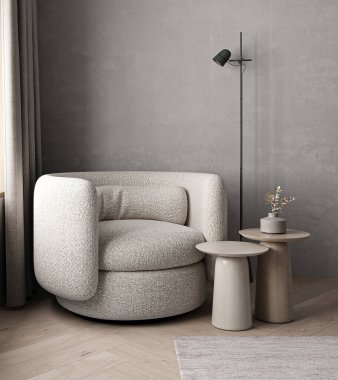 Şık, modern yan tablolarla eşleştirilmiş rahat bir koltuk ve basit bir zemin lambası, çağdaş zarafetin simgesi.