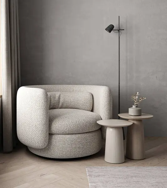 Ein Gemütlicher Strukturierter Sessel Gepaart Mit Eleganten Modernen Beistelltischen Und — Stockfoto