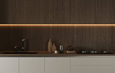 Modern bir mutfak, işlevselliği tarzla birleştiren koyu ahşap bir zemin üzerine kurulmuş lüks konforlar ve sıcak ortam aydınlatmalarıyla övünür.