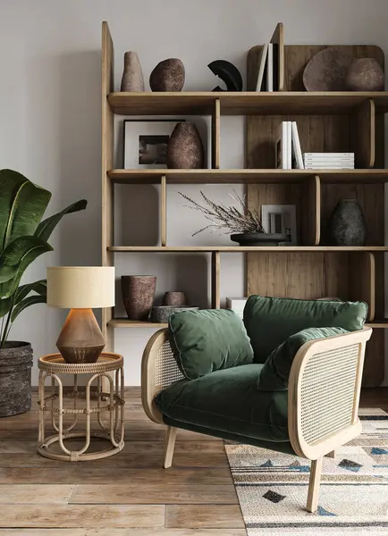 A cozy reading nook offers a haven of relaxation with a luxurious velvet green armchair and a natural wood bookshelf adorned with eclectic decor
