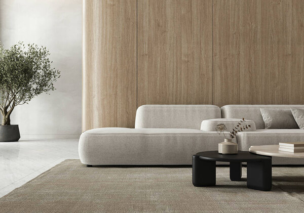 Спокойная гостиная с современным изогнутым диваном и пышным оливковым деревом рядом с текстурированной деревянной стеной, олицетворяющей естественную элегантность