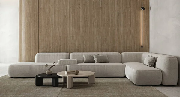 A tastefully designed minimalist living space highlighting an elegant beige modular sofa set against warm wood paneling