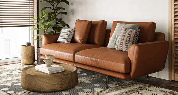 An inviting living room bathed in sunlight, featuring a luxurious caramel leather couch and bohemian decor elements, exudes warmth and comfort