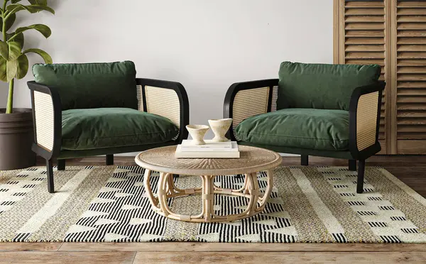 A boho chic living space featuring plush green armchairs and a unique rattan coffee table, anchored on a bold geometric rug for a cozy feel