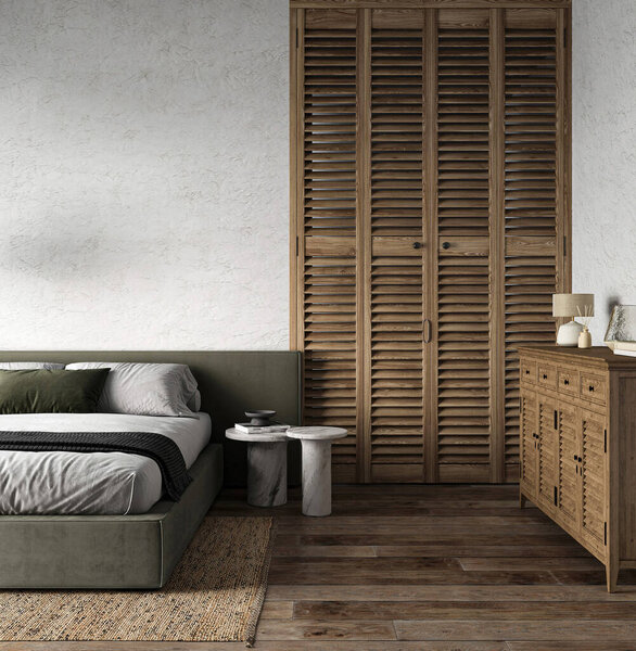 Этот уголок спальни сочетает деревенский шарм с современными элементами, с текстурированным деревянным шкафом и элегантными мраморными столиками на полу из сельди.