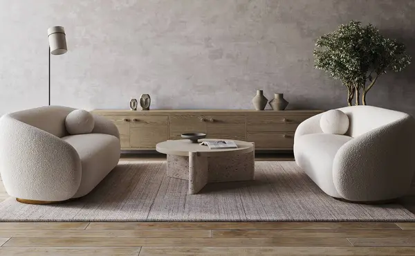 Ein Modernes Wohnzimmer Mit Boucle Sesseln Und Einem Hölzernen Sideboard — Stockfoto