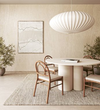 Heykeltraş beyaz kolye lambası, yuvarlak ahşap masa, bentwood sandalyeler ve dingin bir duvar sanat eseri olan sofistike yemek seti.